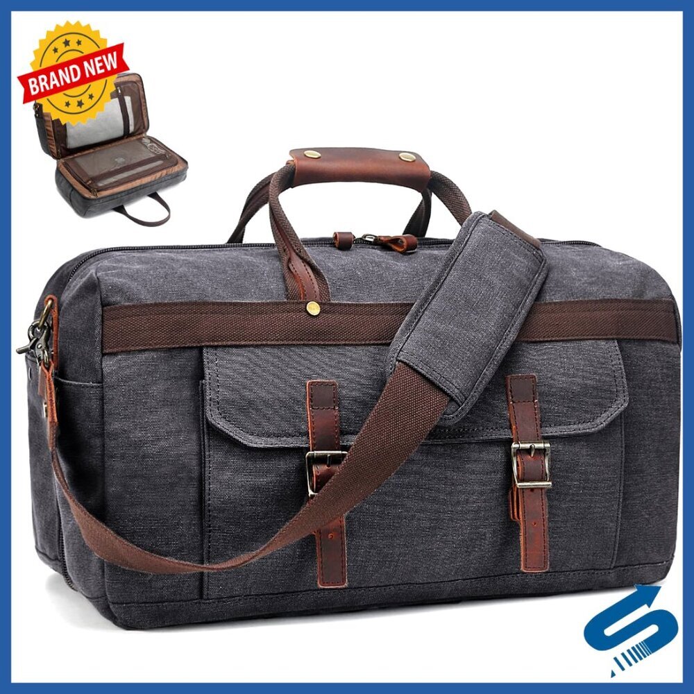 Genuine Leather Canvas Travel Duffel Weekender Bag Waterproof Carry On